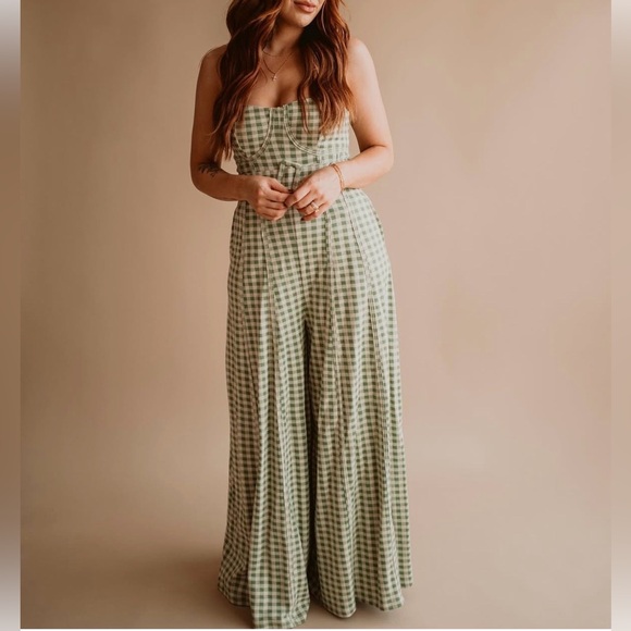 Free People Pants - Free People Hold Me Tight Jumpsuit Small NWOT Green Gingham